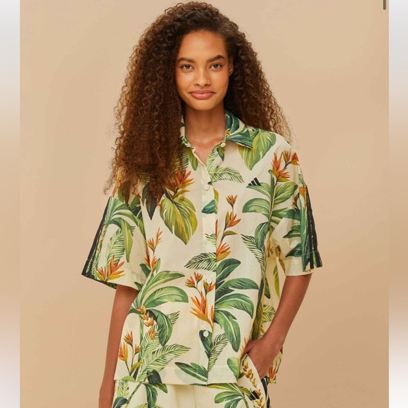 FARM Rio Tops - Farm Rio x Adidas Tropical Breeze Cream White Shirt Size Small Boho Floral
